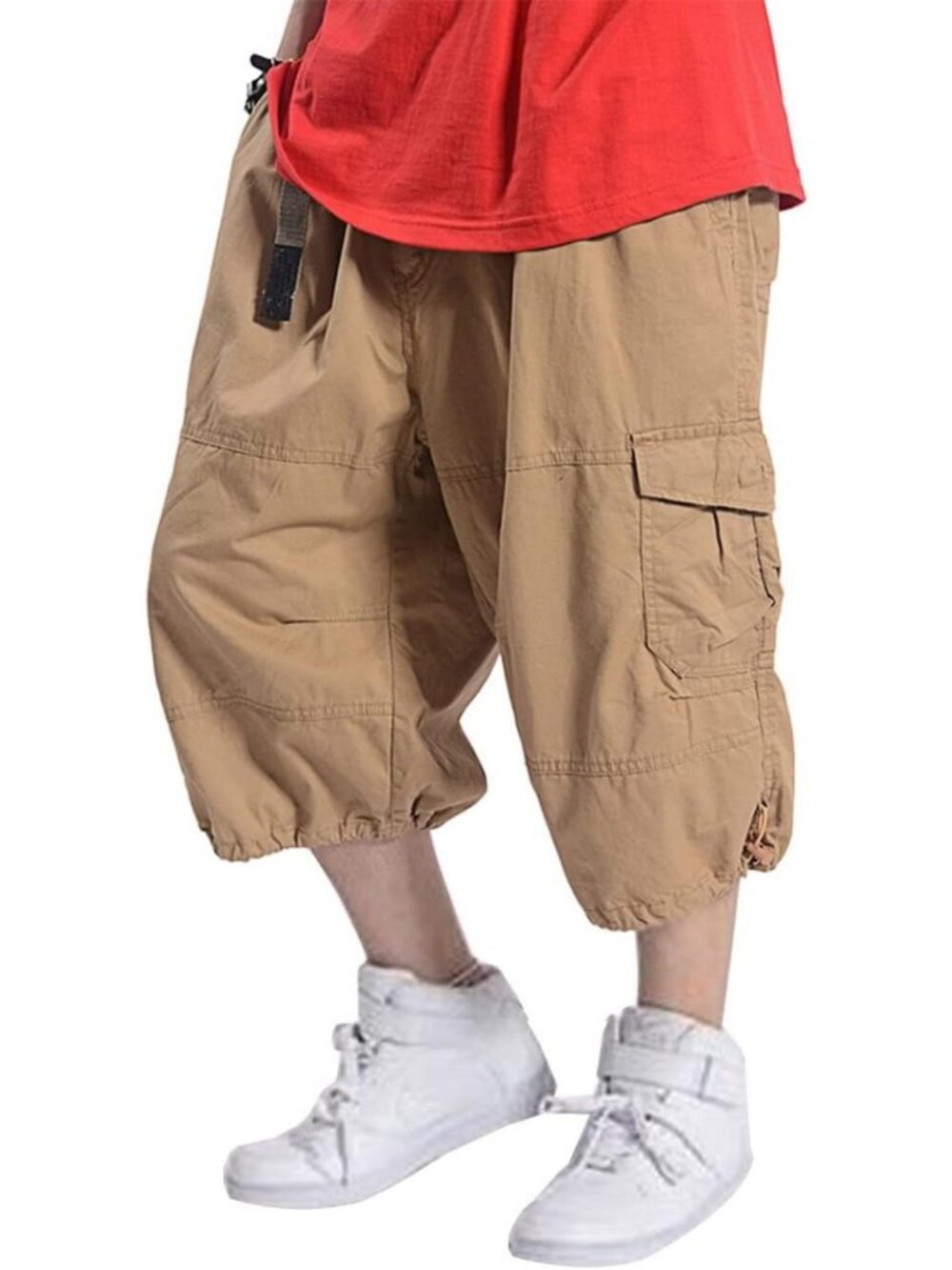 Men's Baggy Cargo Shorts - Elastic Waist, Loose Fit, Cotton Twill, Below Knee